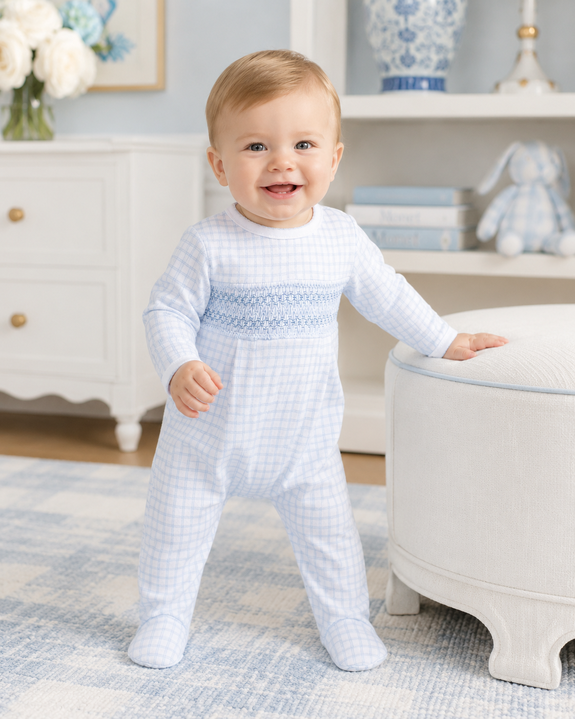Classic Blue Gingham Smocked Footie