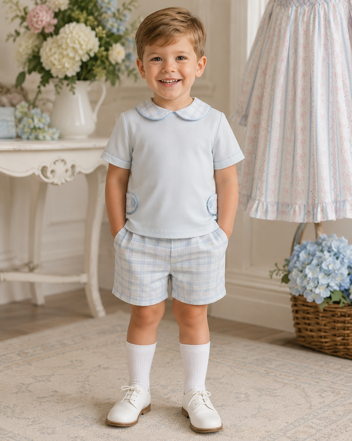 Classic Blue Plaid Peter Pan Collar Short Set