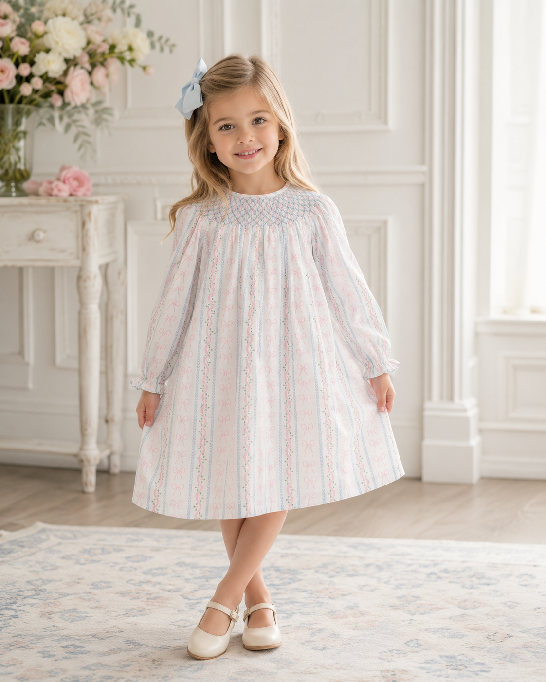 Pink Bow Smocked Bishop Dress